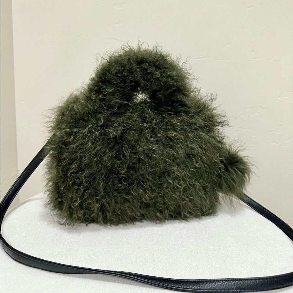 Olive Green Handmade Genuine Curly Shearling Top Handles Bag/Crossbody